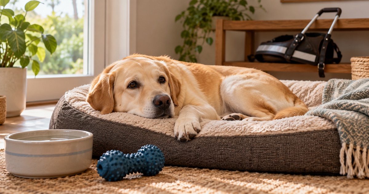 Descripción de imagen: imagen generada de un perro de pelaje dorado descansando en su cama, con un cuenco de agua y un juguete cerca y el arnés guardado al fondo.