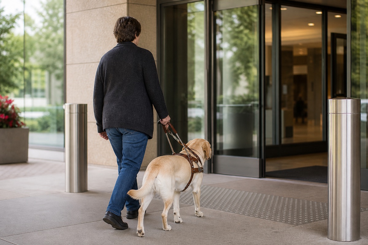 Descripción de imagen: una persona accede a un edificio público contemporáneo acompañada por un perro guía labrador con arnés.