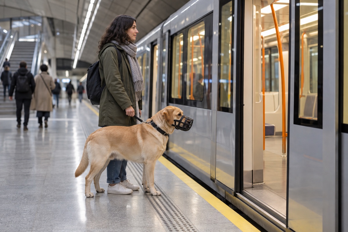 Descripción de imagen: imagen generada de una mujer esperando junto a un tren de metro con un perro de compañía grande que lleva bozal y una correa corta.
