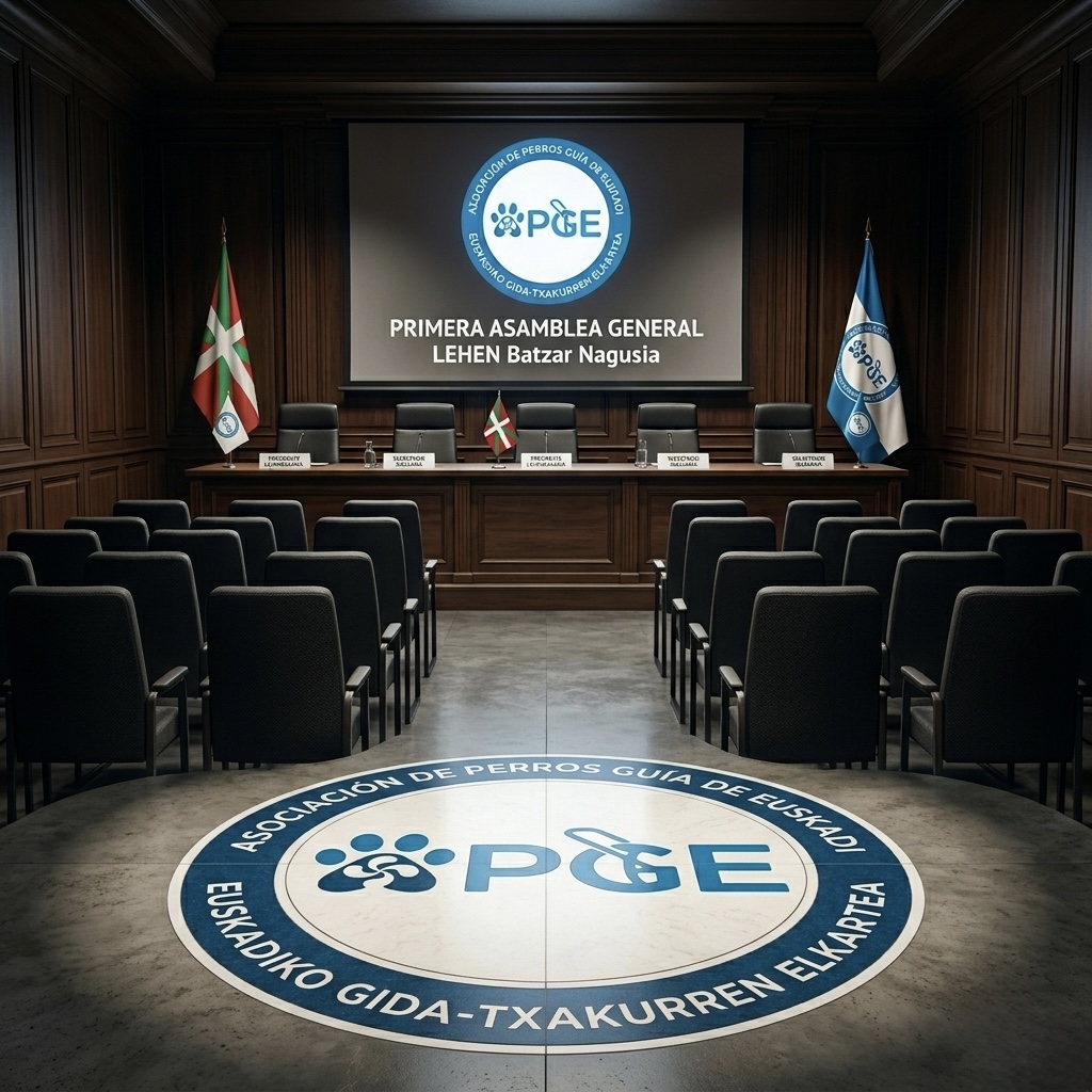 Descripción de imagen: Salón de actos preparado para la Primera Asamblea General de APGE, con filas de sillas, una mesa presidencial, banderas a ambos lados y una pantalla central con el logotipo de la asociación y el texto Primera Asamblea General.