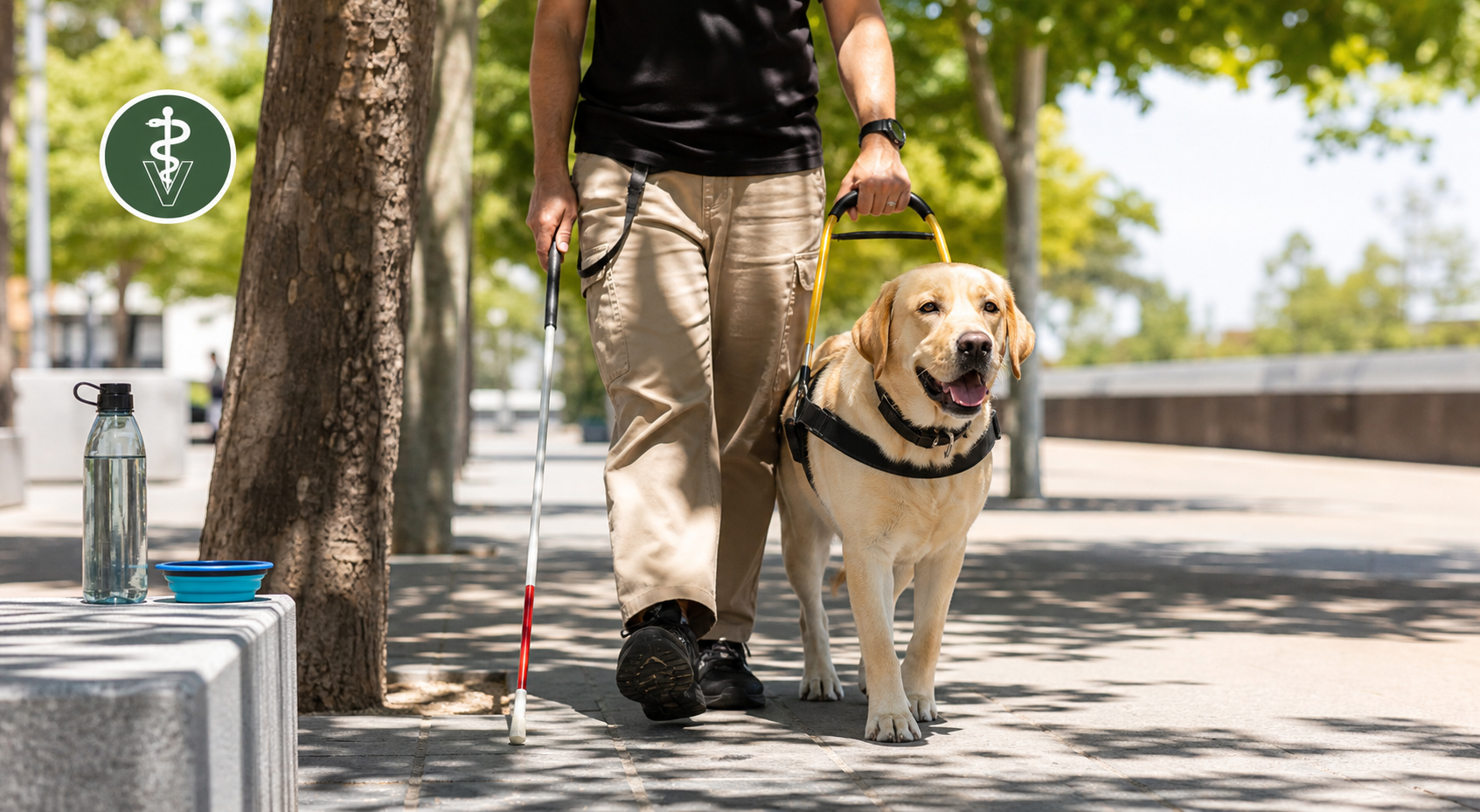 Descripción de imagen: Ilustración veraniega de una persona usuaria junto a su perro guía con arnés en un entorno urbano con sombra, agua disponible y referencias visuales a la prevención del calor y al cuidado veterinario.